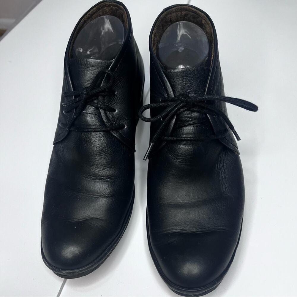 Fly London Black Leather Ankle Booties Lace-Up Wedge Heel EU 39 US 8-8.5